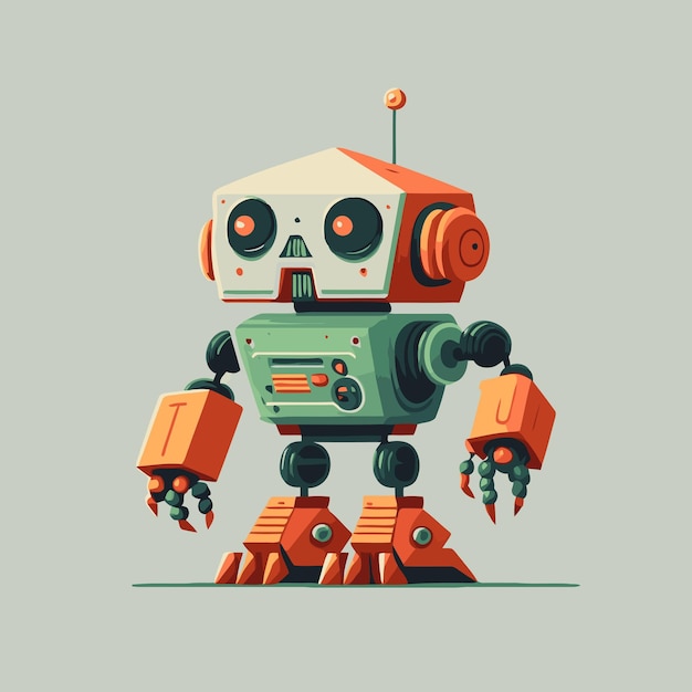 Vector kleine grappige robot machine karakter logo mascotte platte vector ontwerpsjabloon