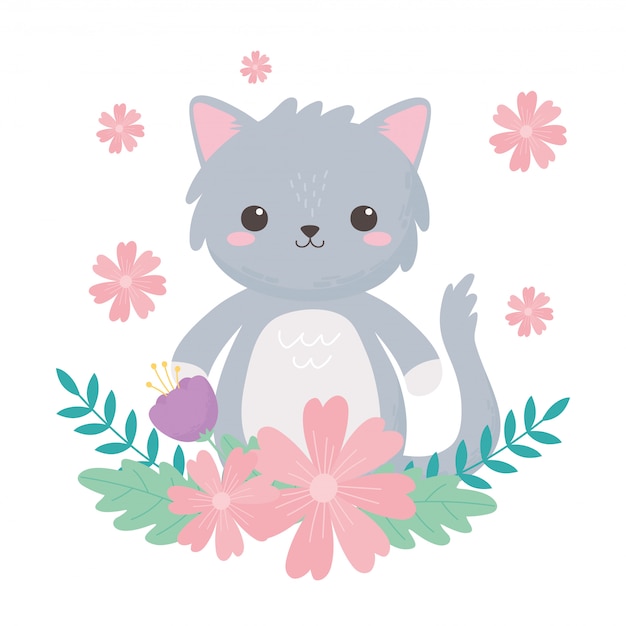 Kleine grijze kat met bloemen en gebladerte cartoon dierlijke vectorillustratie