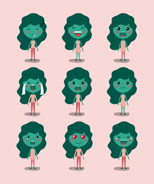 Vector kleine groene meisjes emoticon set kawaii karakters