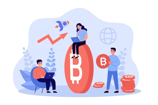 Kleine handelaren investeren, handelen in cryptomarkt. Mensen uit het bedrijfsleven zitten in de buurt van groeiende bitcoin platte vectorillustratie. Handel, cryptocurrency-concept voor banner, websiteontwerp of bestemmingswebpagina