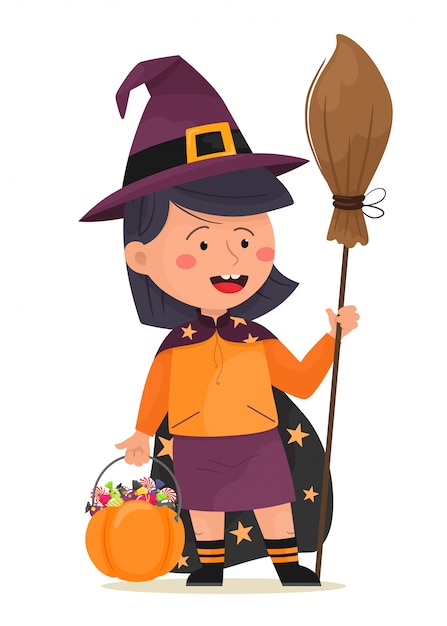 Kleine heks met een bezem. Fijne Halloween. illustratie in platte cartoon stijl.