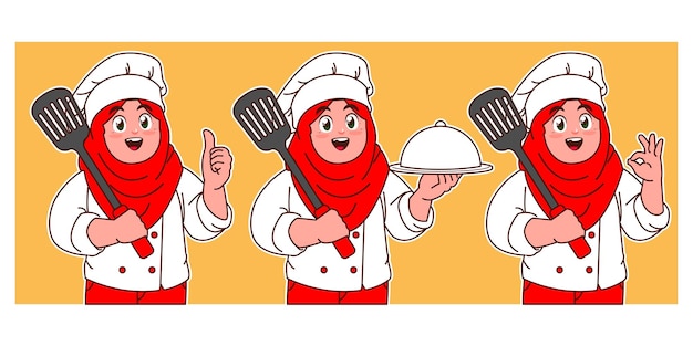 kleine hijab-chef-kok die een spatel vasthoudt kleine chef-kok die heerlijke gerechten serveert