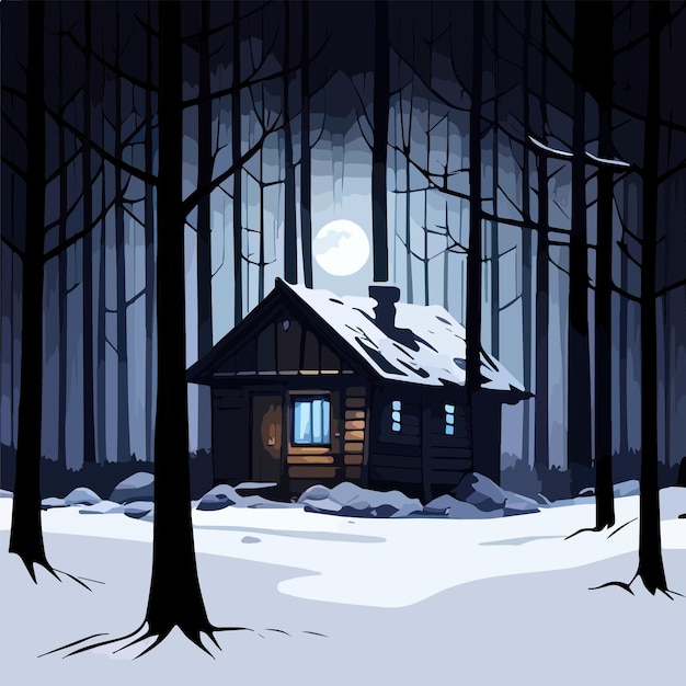 Kleine houten hut in sprookjesachtig donker bos in besneeuwd rond hut op sneeuwtrail vectorillustratie