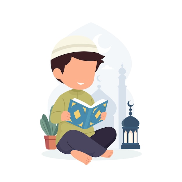 Kleine islamitische jongen die de Koran leest vectorillustratie