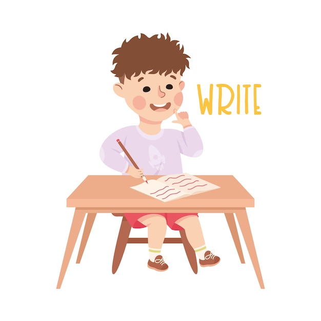 Kleine jongen aan het bureau schrijft in een kopieboek demonstreert woordenschat en werkwoorden bestudeert vectorillustraties