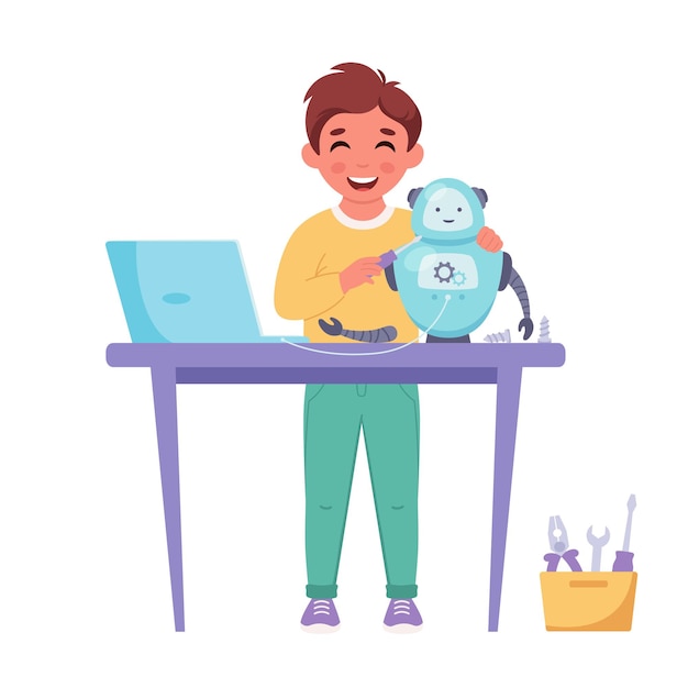Kleine jongen die een robot maakt Robotica-programmering en engineering voor kinderen