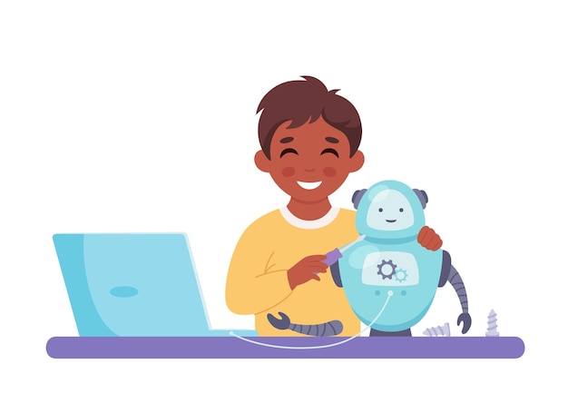 Kleine jongen die een robot maakt Robotica-programmering en engineering voor kinderen