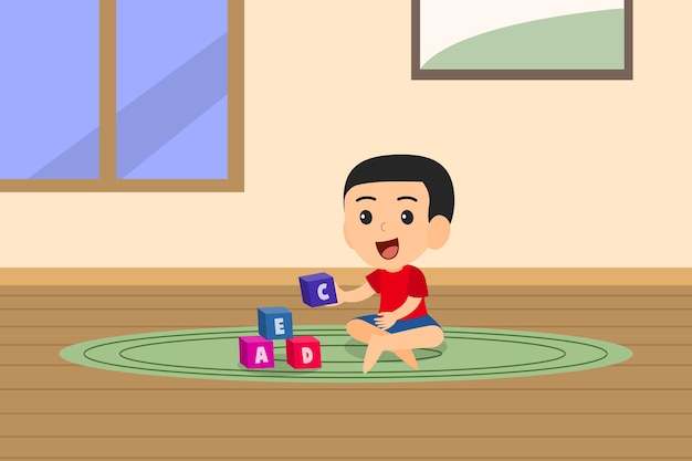 kleine jongen die met speelgoedblokken speelt
