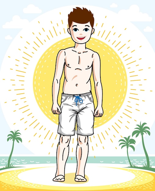 Kleine jongen die modieuze strandshorts draagt. Vector mooie menselijke illustratie. Levensstijl clipart voor kinderen.