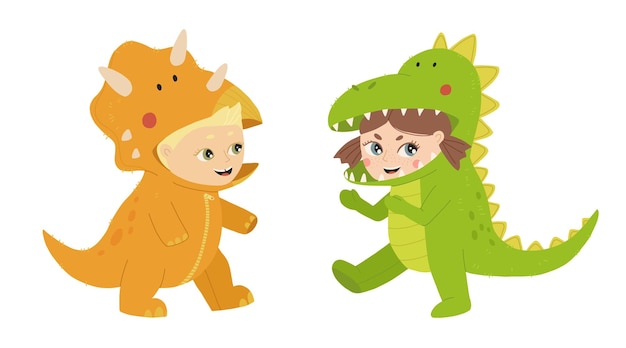 Kleine jongen en meisje gekleed in jumpsuit kigurumi in de vorm van dinosaurussen Jongen in triceratops kostuum en meisje in t rex met capuchon en staart Gezellige dino pyjama Cartoon platte vectorillustratie