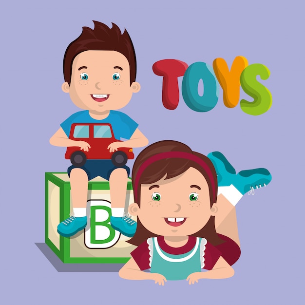 Kleine jongen en meisje spelen met speelgoed tekens