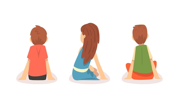 Kleine jongen en meisje zitten op de vloer en luisteren naar sprookjes vector set
