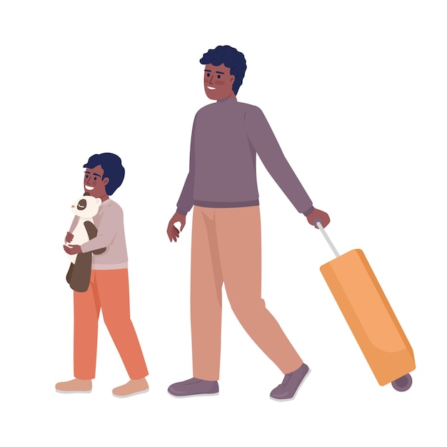 Kleine jongen en vader met koffer die op het vliegtuig gaan semi-vlakke kleur vectorkarakters