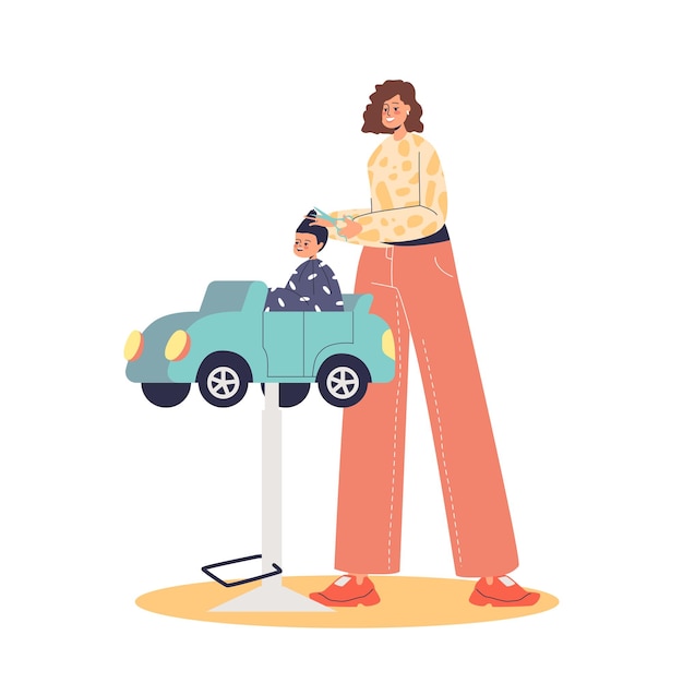 Kleine jongen heeft kapsel in kapsalon Kind zit in speelgoedauto terwijl kapper haar knipt