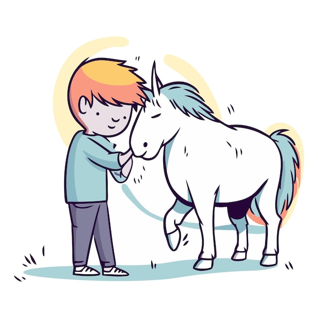 Kleine jongen met een pony van een kleine jongen en een paard