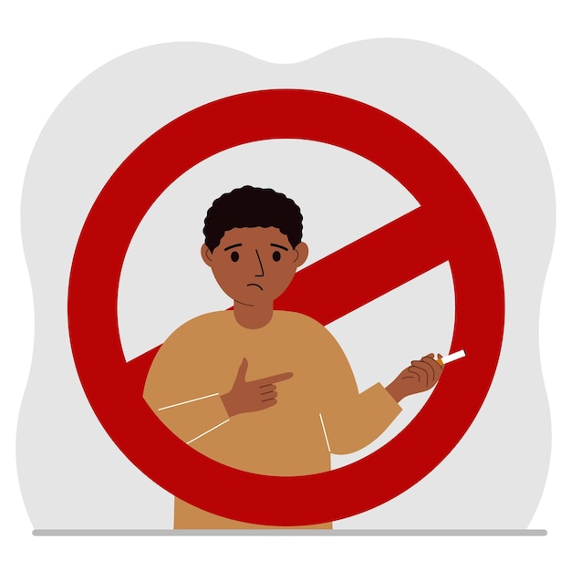 Kleine jongen met een sigaret in zijn hand er is een rood verbodsbord rond de jongen het concept van roken door kinderen of tieners
