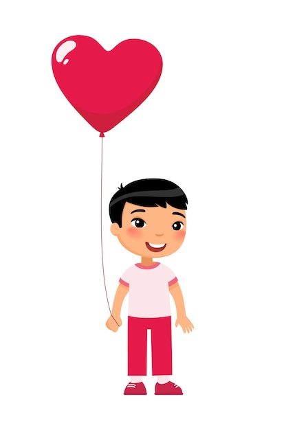 Kleine jongen met hartvormige ballon. Glimlachend jong geitjekarakter met heden.