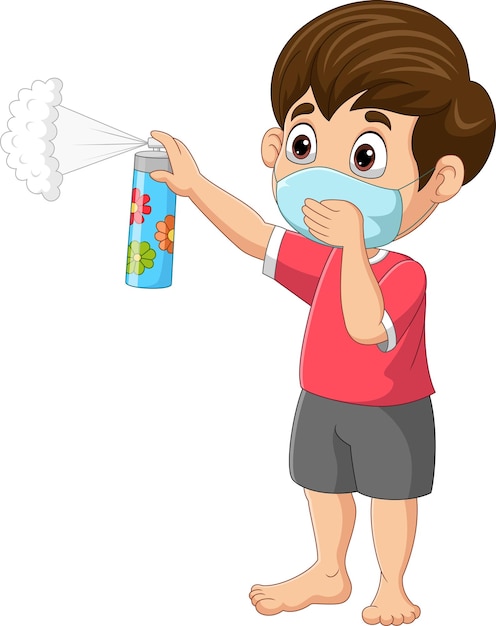 Kleine jongen met masker en insectenspray