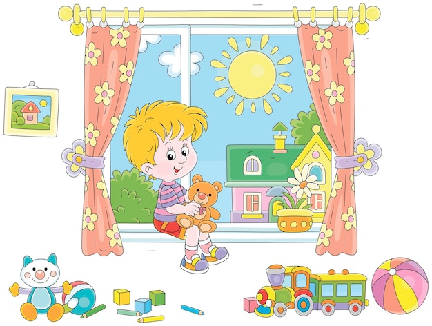 Kleine jongen met speelgoed in een kinderkamer bij een raam met gordijnen en een zonnig zomerlandschap achter hem