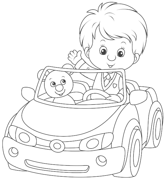 Kleine jongen met zijn teddybeer in een speelgoedauto