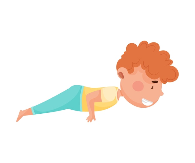 Kleine jongen personage oefent yoga strekken en ademen vector illustratie