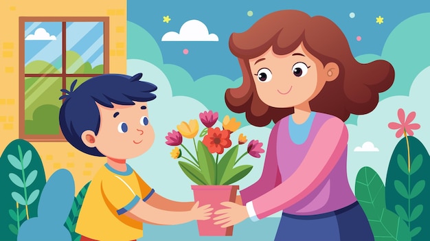 Vector kleine jongen schenkt bloemen aan glimlachende vrouw buiten