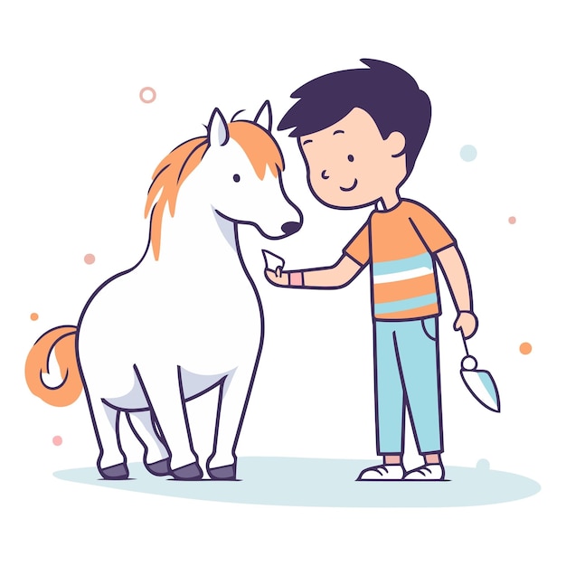 Vector kleine jongen speelt met een paard leuke cartoon vector illustratie