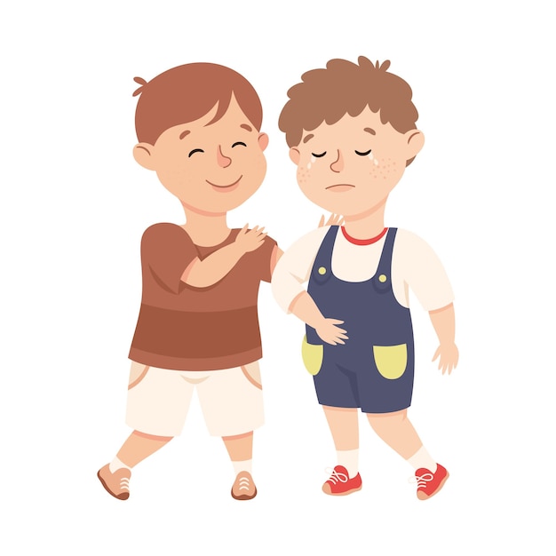 Kleine jongen steunt en troost een huilende vriend Vector illustratie