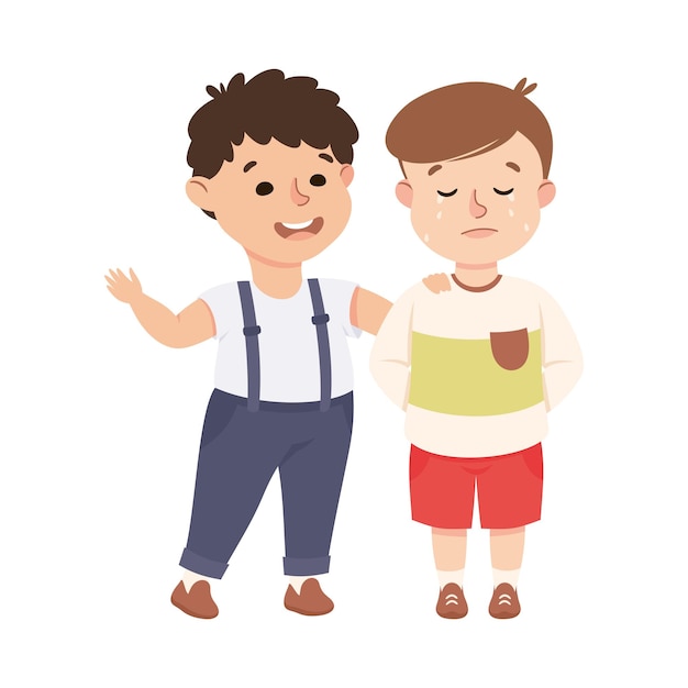 Kleine jongen steunt en troost een huilende vriend Vector illustratie
