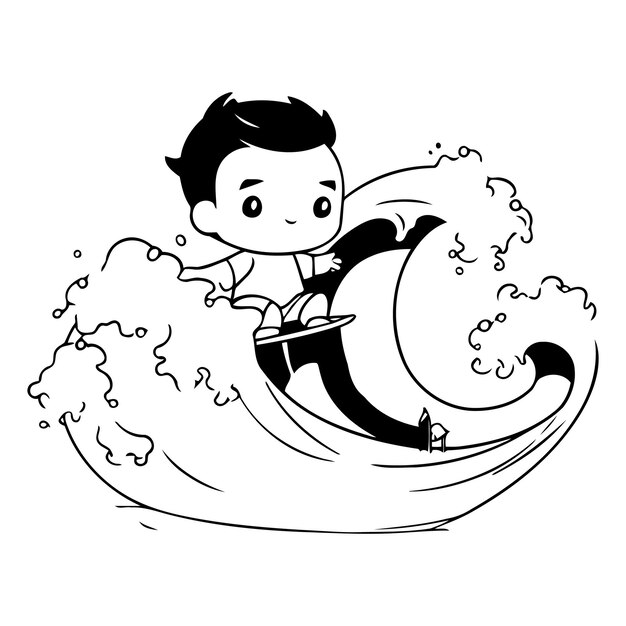 Kleine jongen surft op een golf van een cartoon personage