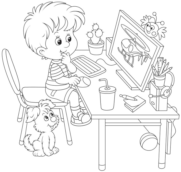 Vector kleine jongen zit aan zijn tafel voor een monitor en speelt een computerspel met een helikopter