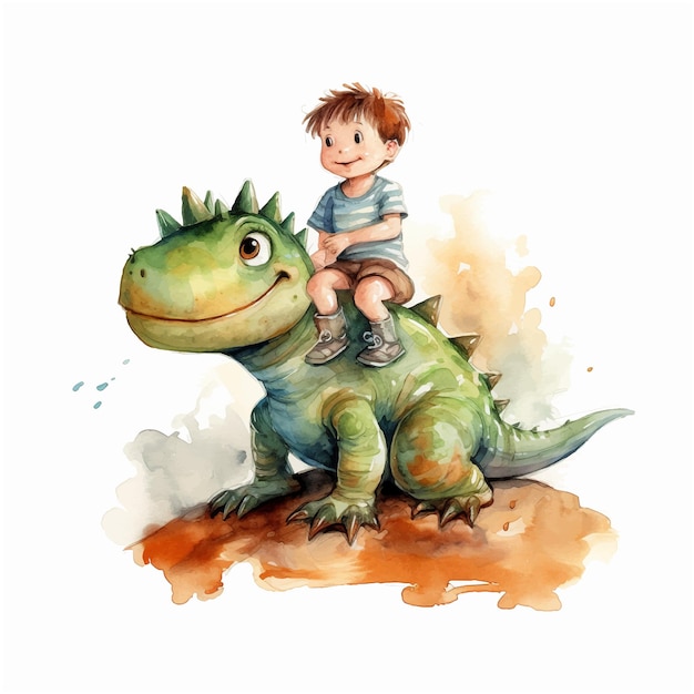 Vector kleine jongen zittend op de rug van de dinosaurus aquarelverf