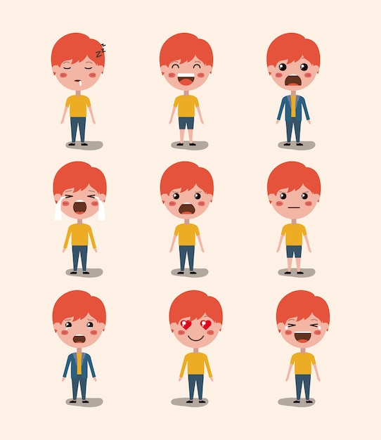 Kleine jongens emoticon set kawaii karakters