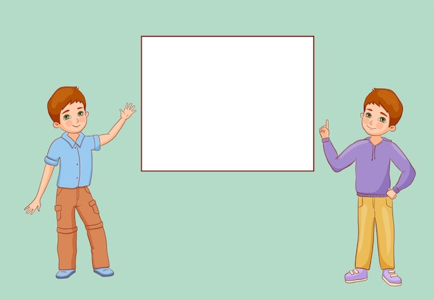 Kleine jongens staan over leeg bord wijzende vinger en zwaaiende hand Happy Kids met lege banner platte vectorillustratie