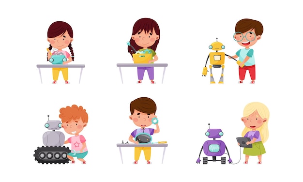 Kleine kinderen bouwen en maken robots Vector Illustraties Set