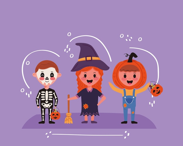 Kleine kinderen met de scène van halloween-kostuumskarakters