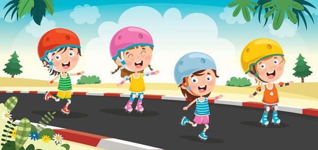 Kleine kinderen rijden rolschaatsen