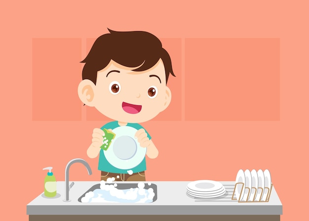 Kleine kinderen wassen de afwas in de keuken.