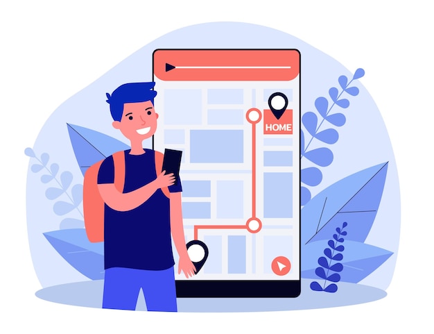 Vector kleine kleine jongen met behulp van navigator op smartphone. app, pad, huis vlakke afbeelding. digitale technologie en navigatieconcept