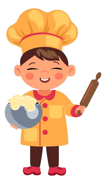 Kleine kok met prolling pin en deeg cartoon kid chef