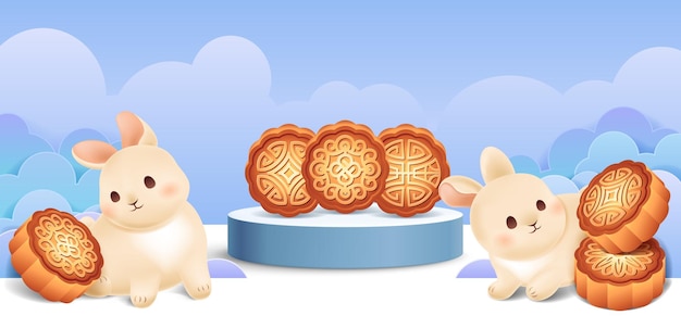 Kleine konijnen zitten met gebakken mooncakes op wit podium midden herfstfestival met paarse wolken