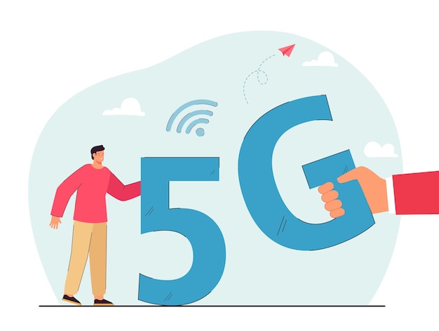 Kleine man en enorme hand met 5G-symbool