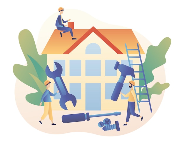 Vector kleine mannen bouwers en reparateurs die werken met professionele gereedschappen bouw- en huisreparatieconcept