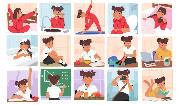 Kleine meisje Dagelijkse Routine Karakter Wakker worden Tanden poetsen Oefening Ontbijten Kleed je aan School Lunch Hobby Nap Speeltijd Diner Bad en Slaaptijd Cartoon People Vector Illustratie