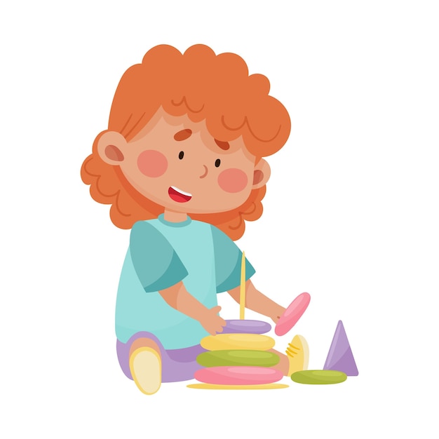 Vector kleine meisje zit en speelt met bouw speelgoed vector illustratie