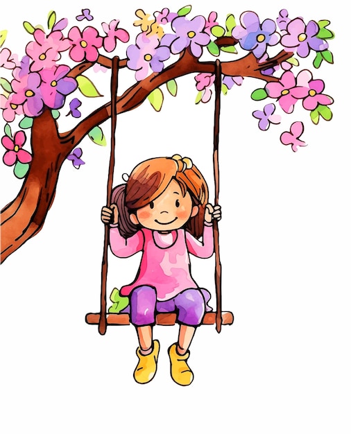 Kleine meisje zwaait in een boom aquarel verf