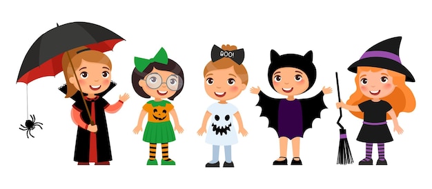Kleine meisjes in griezelige monsterskostuums halloweenfeest vampierpompoen spookvleermuis en heks