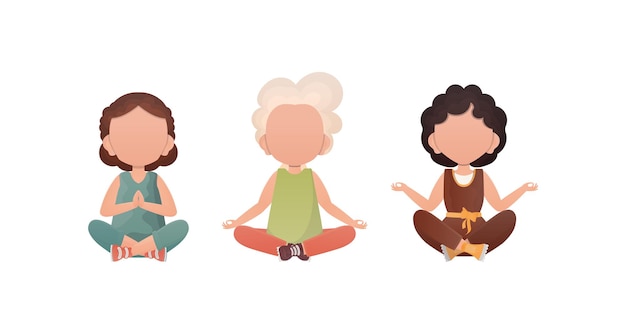 Vector kleine meisjes mediteren leuke yoga mindfulness en ontspanning vector set geïsoleerd op een witte achtergrond