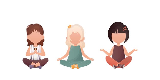 Vector kleine meisjes zit in de lotuspositie yoga kinderen vector illustratie in cartoon stijl set geïsoleerd op een witte achtergrond