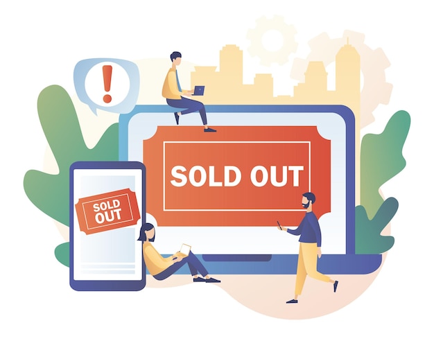 Kleine mensen gebruiken online boekingssysteem in gadgets Uitverkocht evenement uitverkocht publiek geen tickets